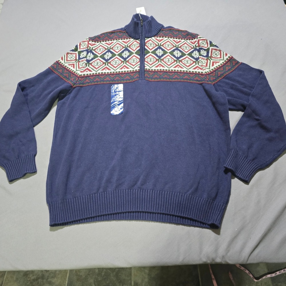 IZOD Quarter Zip Sweater Mens XL Navy Blue Fair Isle Cotton Southridge Fair